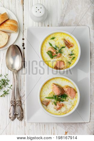 Creamy Fish Soup With Salmon, Potatoes, Onions And Carrots. Kalakeitto. Traditional Dish Of The Finn