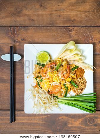 Famous food in Thai style phad thai Fried Noodles with shrimp and vegetables