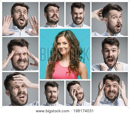 Set of young man's portraits with different emotions and happy woman