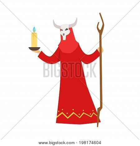 Female shaman in a red dress and horned mask performing authentic ritual vector Illustration on a white background
