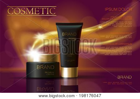 Golden black skincare cream package cosmetics ads. Realistic 3d vector illustration promotion poster. Flying delicate defocused glowing wave swirl background template art