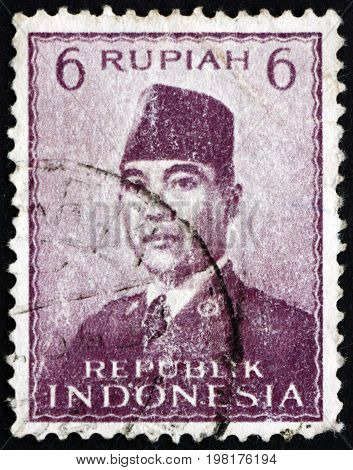INDONESIA - CIRCA 1953: a stamp printed in Indonesia shows President Sukarno 1st President of Indonesia circa 1953