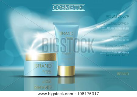 Golden light blue skincare cream package cosmetics ads. Realistic 3d vector illustration promotion poster. Flying delicate defocused glowing wave swirl turquoise background template art