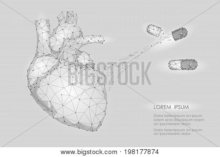 Human Heart Medicine Treatment Drug Internal Organ Triangle Low Poly. Connected dots white gray neutral color technology 3d model medicine healthy body part vector illustration art