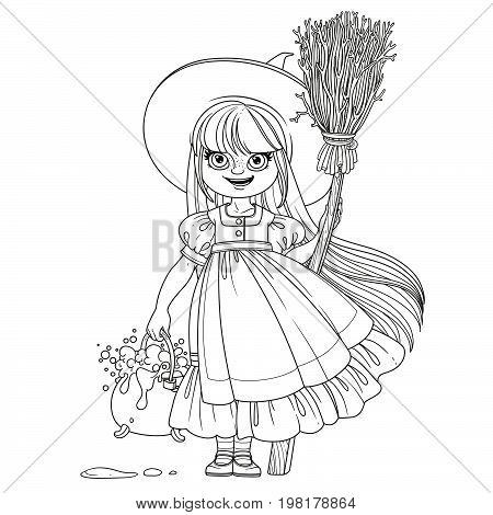 Sweet Girl In Witch Costume Holds A Broom For Flying And Pot Of Bubbling Potions Outlined Coloring P