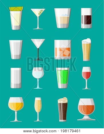 Alcohol drinks collection in glasses. Vodka champagne wine whiskey beer brandy tequila cognac liquor vermouth gin rum absinthe sambuca cider bourbon. Vector illustration in flat style.