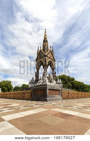 Prince Albert Memorial Kensington Gardens sculpture at the base of the monument London United Kingdom. It was commissioned by Queen Victoria in memory of her husband opened in July 1872