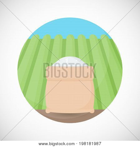 Rice in sackcloth bag vector flat icon Flat design of cooking ingredient food object on the rice plantation background vector illustration with shadows