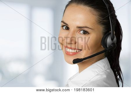Female young center call employee young adult background