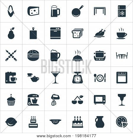 Elements Hamburger, Oven, Delicious Fruits And Other Synonyms Chopping, Tea And Dish.  Vector Illustration Set Of Simple Gastronomy Icons.