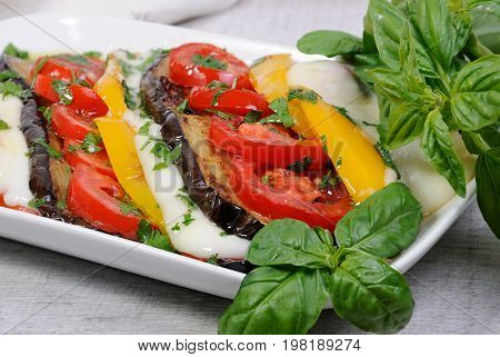 Baked eggplants with tomatoes yellow pepper and slices mozzarella