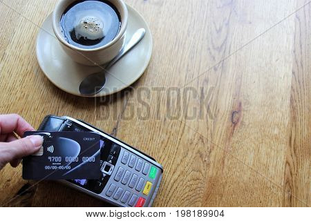 Contactless Payment Card Pdq Background Copy Space With Hand Holding Credit Card To Pay