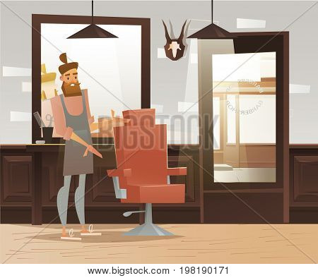 Cartoon hipster barber character. Barber shop, lounge chair, man. Vector illustration