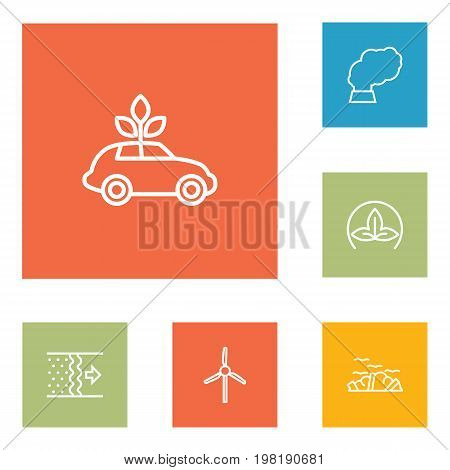 Collection Of Ecol, Wind Turbine, Garbage And Other Elements.  Set Of 6 Bio Outline Icons Set.