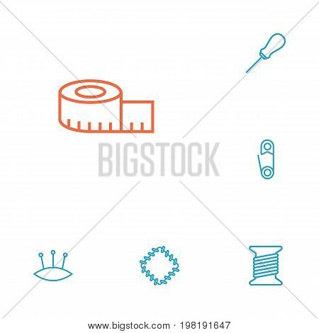 Collection Of Safety Pin, Awl, Patch And Other Elements.  Set Of 6 Tailor Outline Icons Set.