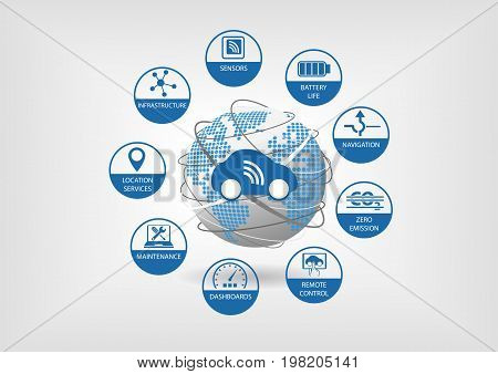 Auto pilot and connected car concept. Vector illustration of a car with sensors in order to allow driverless and autonomous driving.