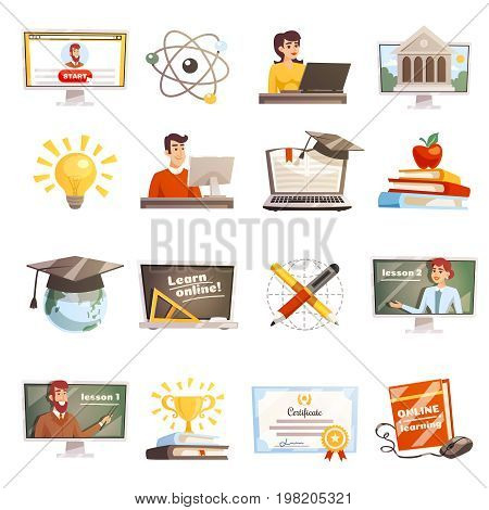 Online learning flat colored icons set with teachers and students participating in web seminars isolated vector illustration