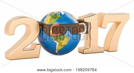 Solar Eclipse 2017 concept Earth Globe with solar eclipse glasses. 3D rendering isolated on white background