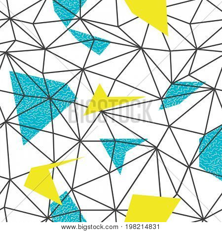 Triangles wire-frame seamless repeat pattern. Triangular facets. Doodles hand-drawn pattern. Raster pattern Wireframe Background Blue and Yellow Seamless Pattern. 