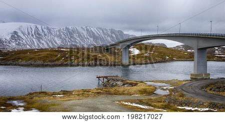 Travel Destinations and Sightseeings. Partial View of the Famous and Renowned Fredvang Bridge in Norway at Lofoten Islands. Horizontal Image Orientation