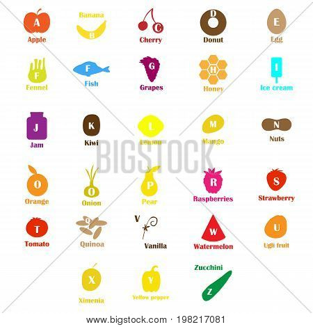 Kids alphabet with fruits and vegetables. Vector illustration for print cards and creaive design