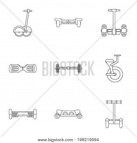 Self balancing scooter icon set. Outline style set of 9 electric scooter vector icons for web isolated on white background