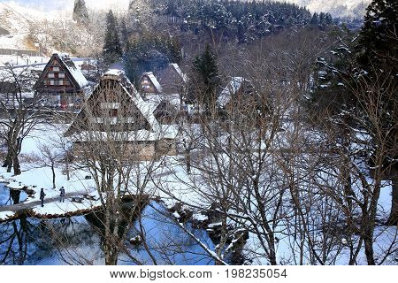 The Gassho-Zukuri houses of the folk museum in Shirakawa-go. Old houses from several surrounding villages have been moved to this outdoor park.