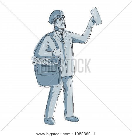 Illustration of a Vintage Postman mailman Holding up Letter done in hand sketch Drawing style.