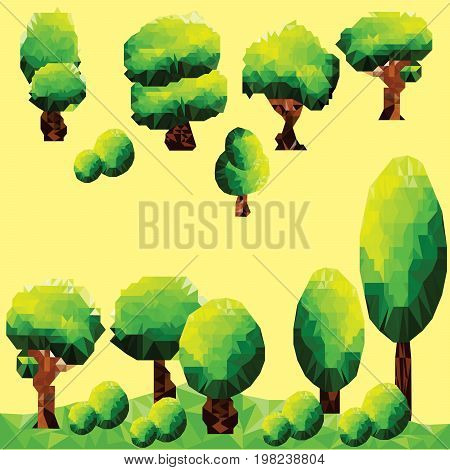 Vector graphic. Abstract polygonal green landscape with trees