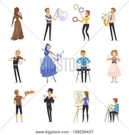 Street artists isolated cartoon icons with mime busker juggler painter musician illusionist colored figurines flat vector illustration