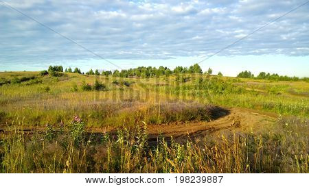 Dirt road with beautiful summer blossoming field in the background in Russia