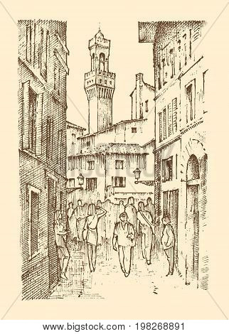 landscape in European town Florence in Italy. engraved hand drawn in old sketch and vintage style. historical architecture with buildings, perspective view. Travel postcard. Palazzo Vecchio