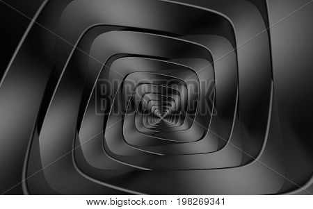 Abstract beautiful creative background concept of optical illusion of gently twisting dark gray spiral intricately curved from rhombuses with rounded edges or cube funnel infiniti. 3d Render