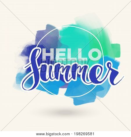 Hello Summer on color blob. Isolated Typographic Design Label. Season Holidays lettering for logoTemplates invitation greeting card prints and posters. Enjoy The Beach party