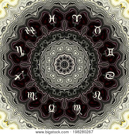 Magic circle with zodiacs sign on abstract mystic background.