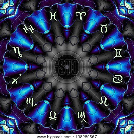 Magic circle with zodiacs sign on abstract mystic background.