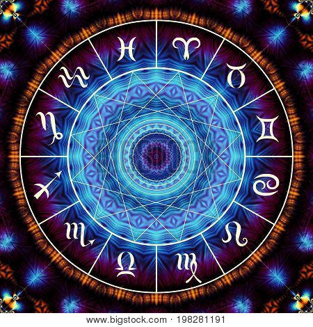 Magic circle with zodiacs sign on abstract mystic background.