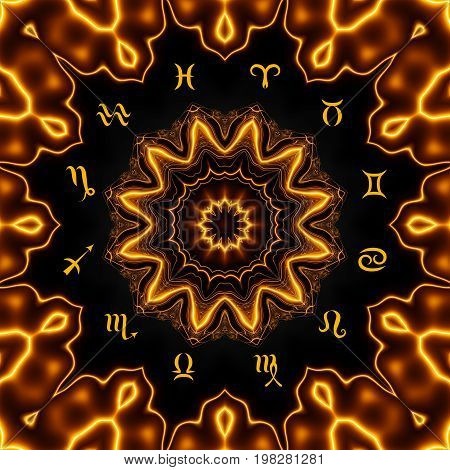 Magic circle with zodiacs sign on abstract mystic background.