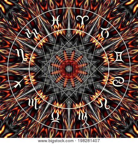 Magic circle with zodiacs sign on abstract mystic background.