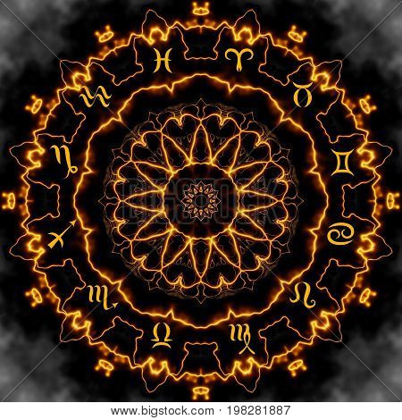 Magic circle with zodiacs sign on abstract mystic background.