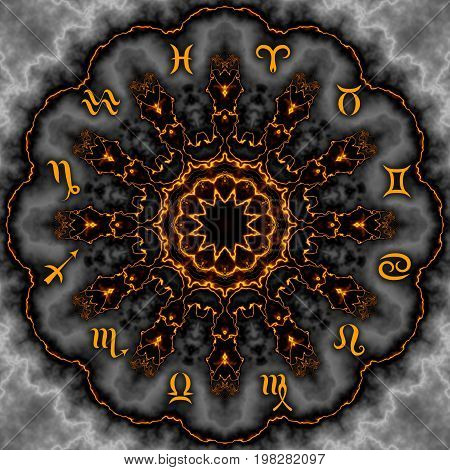 Magic circle with zodiacs sign on abstract mystic background.