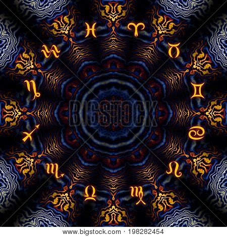 Magic circle with zodiacs sign on abstract mystic background.