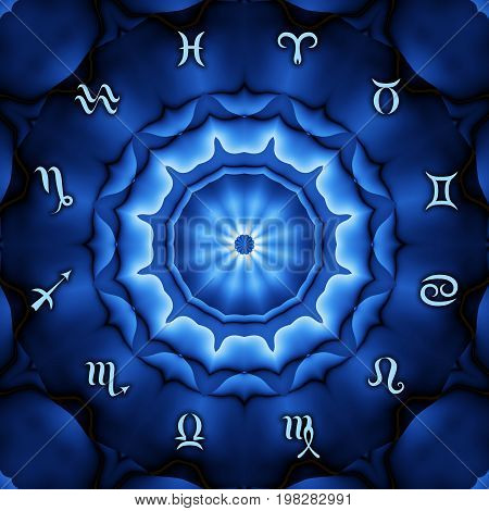 Magic circle with zodiacs sign on abstract mystic background.