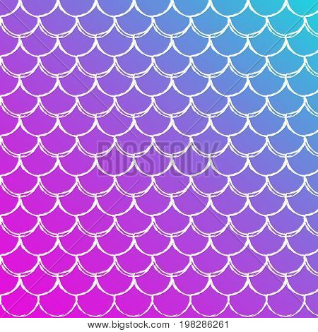 Fish skin on trendy gradient background. Square backdrop with fish skin ornament. Bright color transitions. Mermaid tail banner and invitation. Underwater and sea pattern. Blue, purple, pink colors.