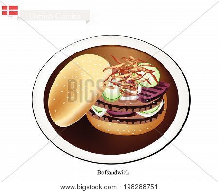 Danish Cuisine, Illustration of Bofsandwich or Traditional Hamburger Made of Ground Beef Patty Placed Inside A Sliced Bread Roll. The National Dish of Denmark.