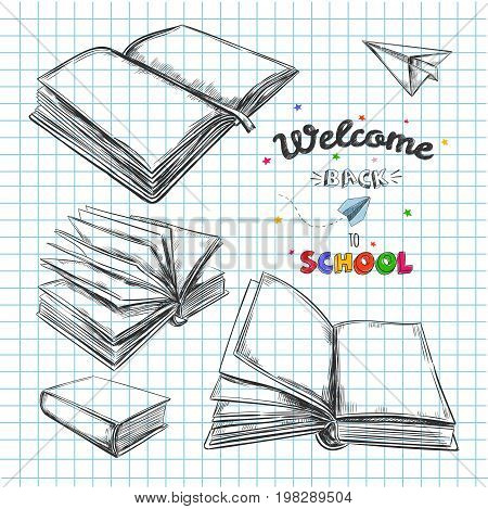 Welcome back to school concept, Vector hand drawn illustration. Chalkboard lettering. Typography. Sketch style