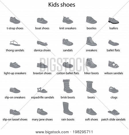 Kids shoes set collection of fashion footwear with names. Baby girl boy child childhood. Vector design isolated illustration. White outlines gray silhouettes white background