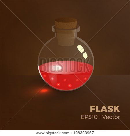 Bottle of blood, health elixir. Vector illustration of tranparent flask with red liquid. Game vial icon, interface for rpg game. Easy to change color. Realistic.