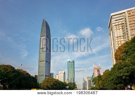 SHENZHEN, CHINA - MAY 28, 2014: Shenzhen urban landscape at daytime. Shenzhen is a major city in Guangdong Province and one of the four largest and wealthiest cities of China.