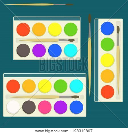 Set of bright flat vector kids watercolor paints in box for drawing lessons with different colors palette. Artistic school symbol with colorful watercolour box with paint brush